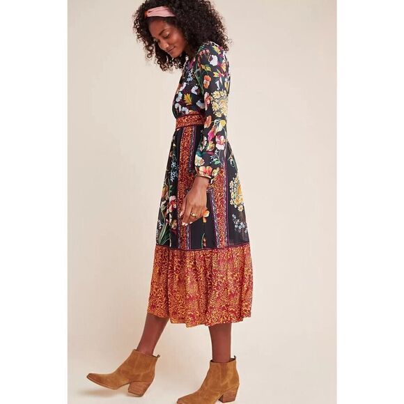 ANTHROPOLOGIE Adair Velvet Trimmed Floral Boho Midi Dress sz 8 US - Picture 4 of 14
